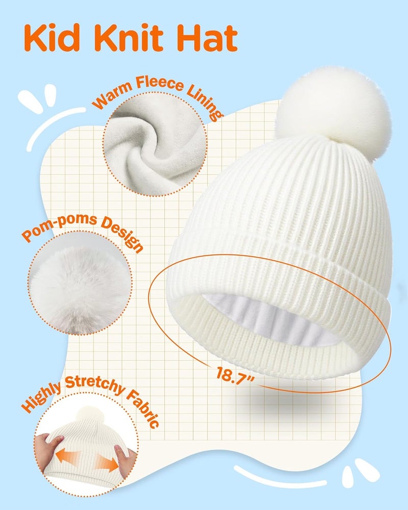 Wandx Kids Winter Hat Gloves Scarf Set Children Pompom Knit Beanie Warm Gloves with Thick Fleece for Boys Girls Ages 4-12 - Image 2